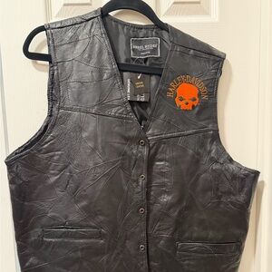 Harley-Davidson Black Leather Vest with Orange Skull